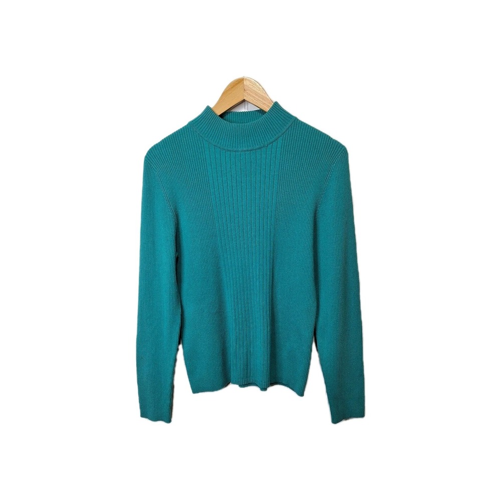 Josephine Chaus High Mock Neck Sweater Womens Size XL Green Ribbed Pullover Vtg
